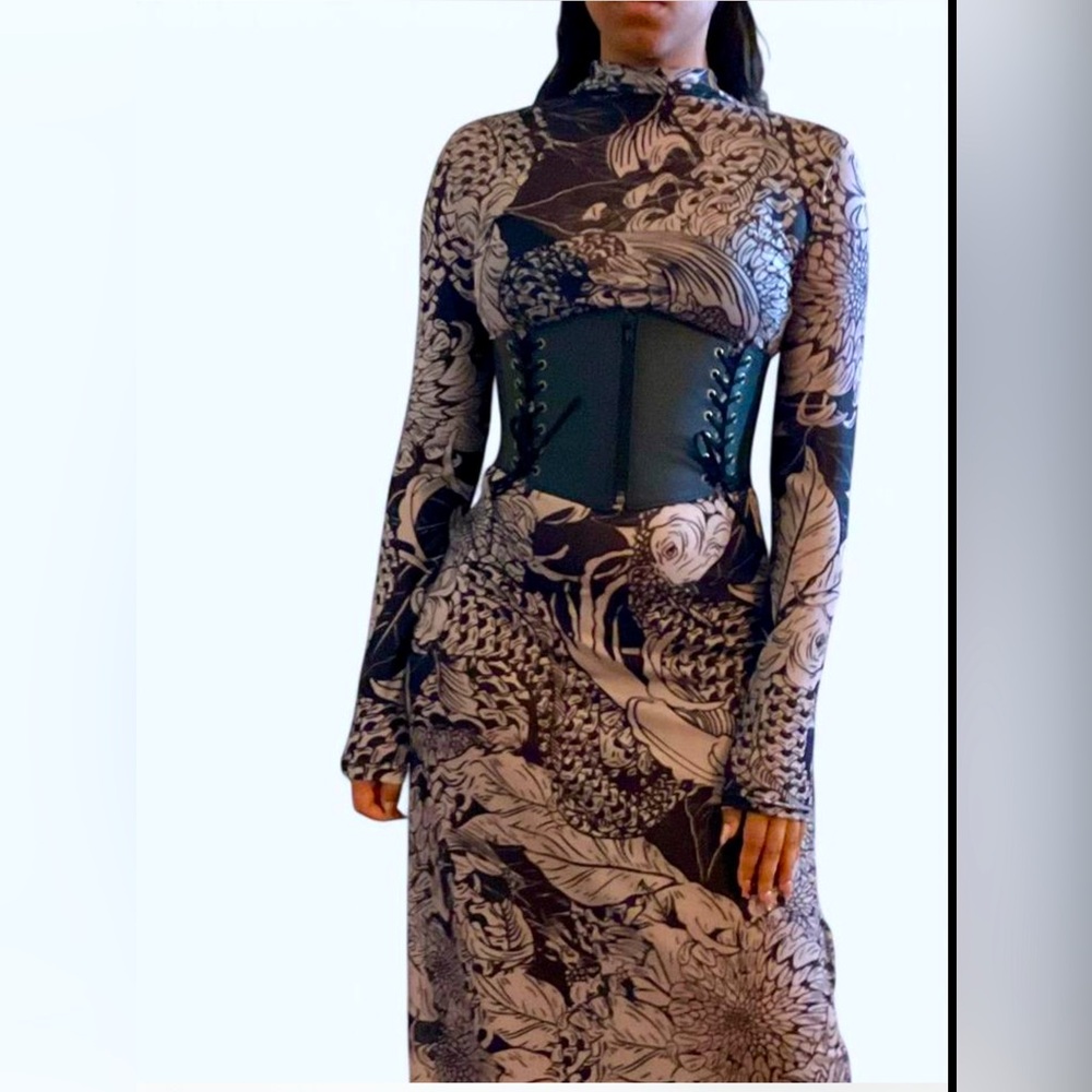 Black & Nude Long Sleeve Maxi Dress with Black Corset Belt